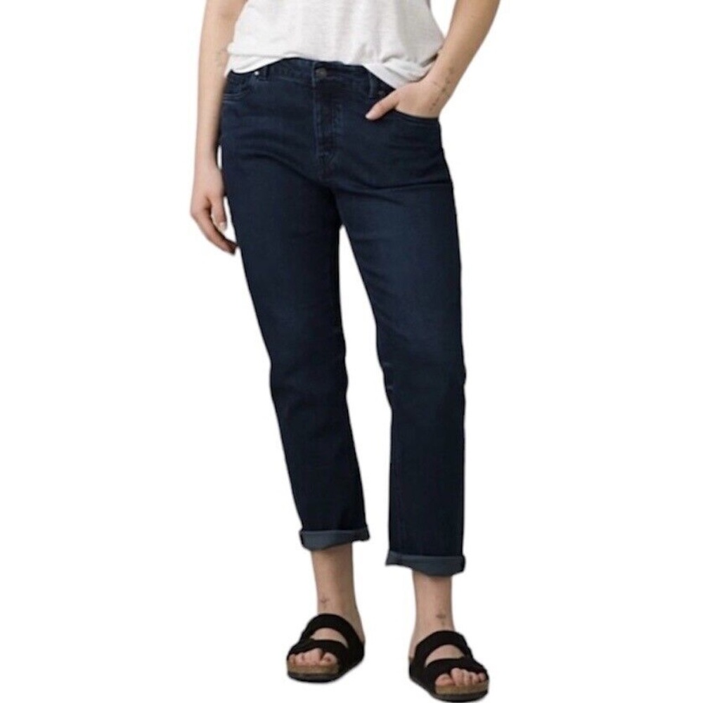 New Prana Mid Rise Slim Boyfriend Jeans Stretch Denim Deep Blue Buxton Size 10